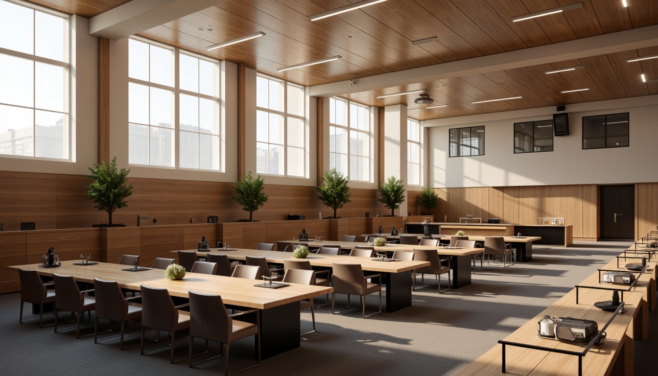 Prompt: Modern courthouse interior, sleek wooden benches, polished metal handrails, minimalist courtroom furniture, ergonomic judges' chairs, contemporary lawyer desks, luxurious leather upholstery, neutral color palette, high ceilings, large windows, natural light, subtle textures, ambient lighting, soft shadows, 1/1 composition, realistic reflections, detailed architectural details.