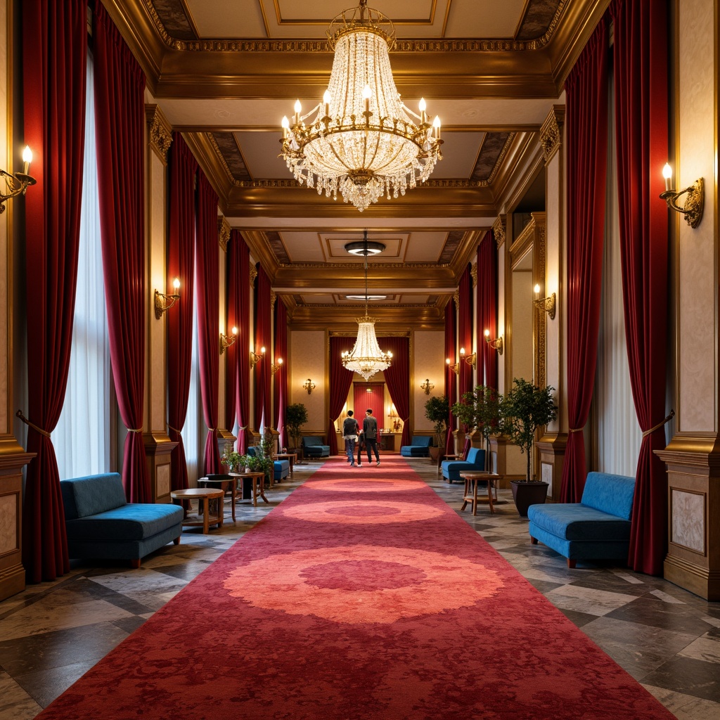 Prompt: Rich velvet drapes, luxurious golden accents, ornate crystal chandeliers, opulent red carpeting, regal blue upholstery, intricate wooden paneling, lavish marble floors, sophisticated cream walls, subtle bronze detailing, dramatic spotlights, warm ambient lighting, 1/2 composition, symmetrical framing, realistic textures, detailed normal mapping.