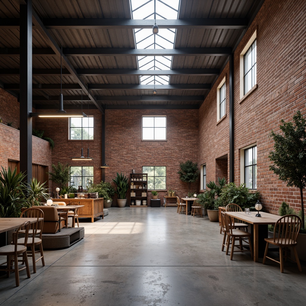 Prompt: Industrial warehouse, Scandinavian aesthetic, minimal decor, exposed brick walls, steel beams, polished concrete floors, high ceilings, clerestory windows, natural light, soft diffused lighting, metal pendant lamps, suspended linear fixtures, warm color temperature, cozy atmosphere, functional layout, organized storage spaces, rustic wooden accents, distressed finishes, industrial chic, modern functionality, energy-efficient solutions, LED strip lights, subtle shadows, 1/1 composition, realistic textures.