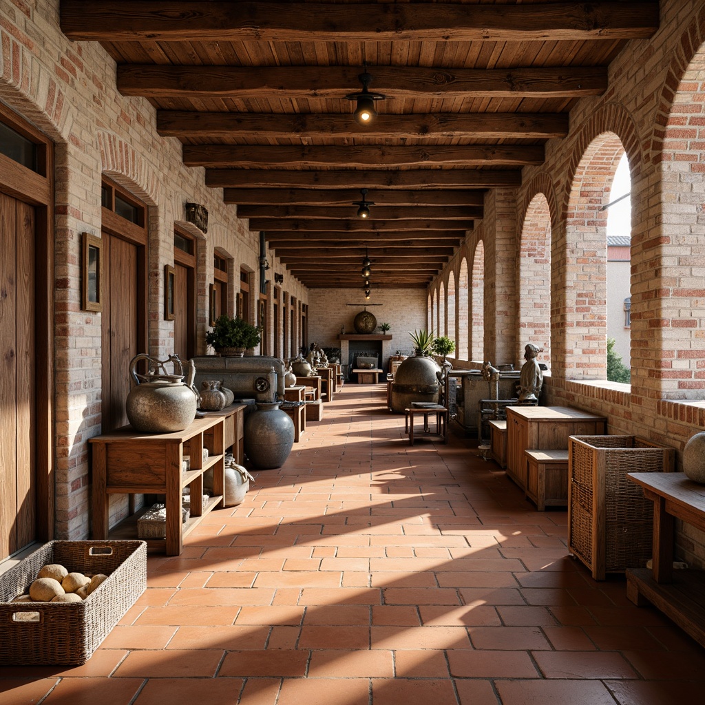 Prompt: Earth-toned factory interior, exposed brick walls, wooden beams, terracotta flooring, natural textiles, woven baskets, vintage machinery, distressed wood accents, ornate metalwork, Mediterranean-inspired ceramics, rustic wooden crates, warm lighting, soft shadows, shallow depth of field, 1/2 composition, realistic textures, ambient occlusion.