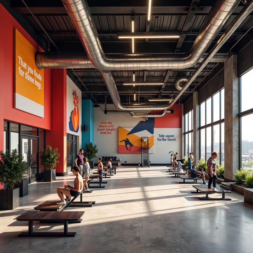 Prompt: Vibrant gymnasium interior, open space layout, postmodernist architecture, bold color schemes, geometric shapes, irregular forms, abstract patterns, eclectic mix of materials, exposed ductwork, polished concrete floors, industrial-style lighting fixtures, oversized athletic equipment, modern fitness machines, mirrored walls, motivational quotes, dynamic shadows, high ceilings, natural light pouring in, shallow depth of field, 1/1 composition, realistic textures, ambient occlusion.