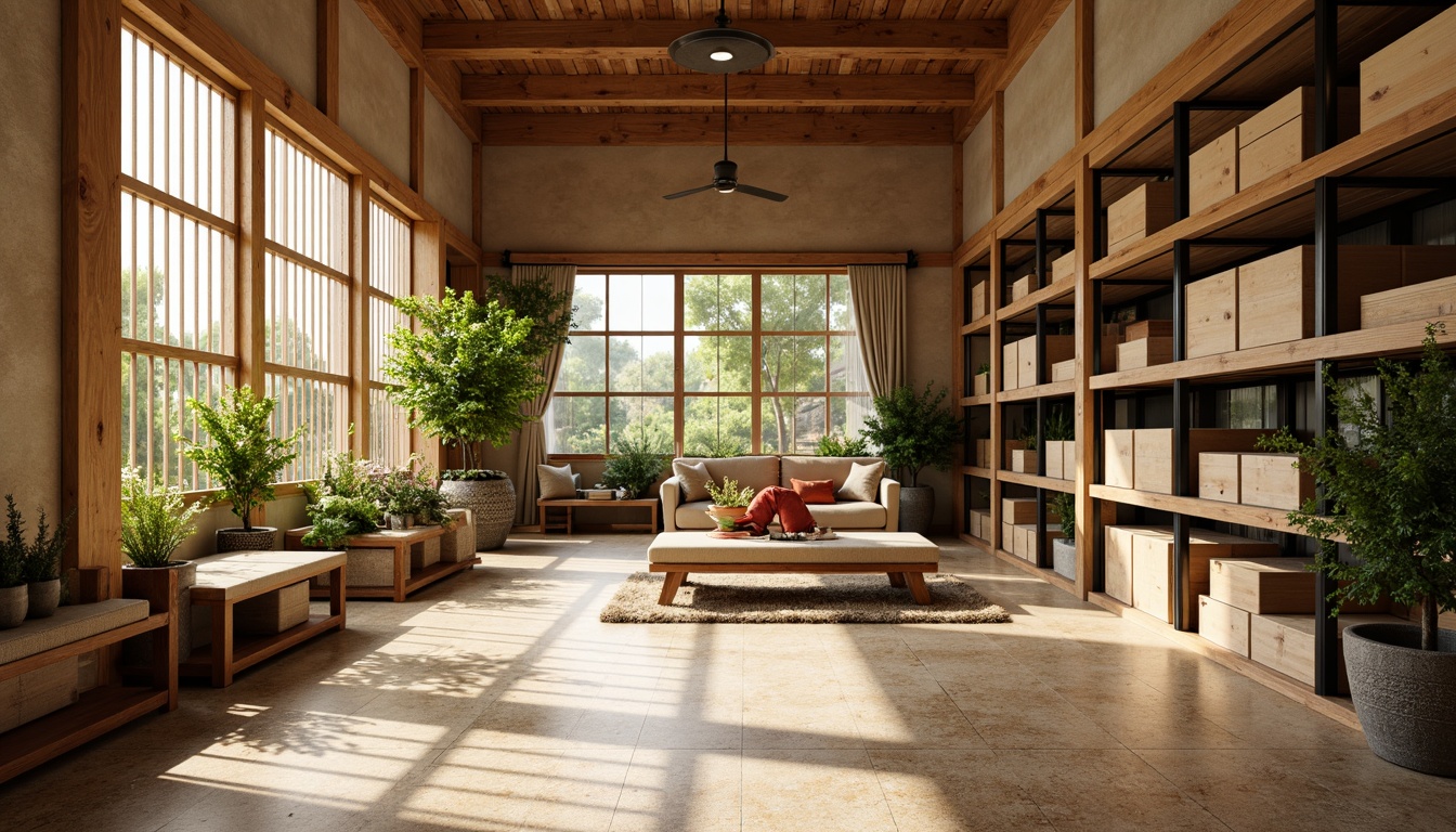 Prompt: Traditional Asian distribution center, natural wood accents, polished granite flooring, warm beige walls, subtle Japanese-inspired patterns, ornate wooden crates, vibrant greenery, industrial metal shelving, reclaimed wood textures, earthy tone color palette, soft diffused lighting, 1/1 composition, realistic reflections, ambient occlusion.