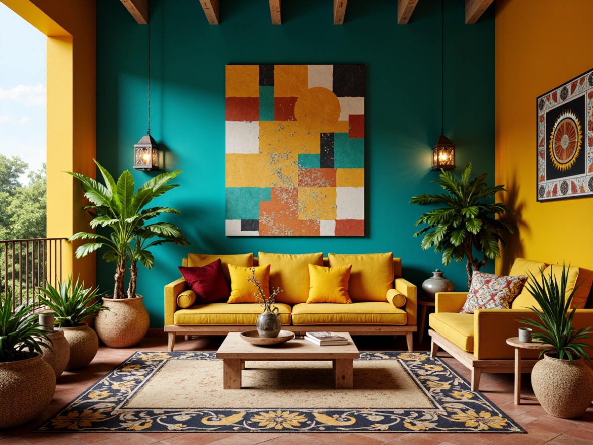 Prompt: Vibrant eclectic interior, rich turquoise walls, bold yellow accents, distressed wood furniture, plush velvet fabrics, Moroccan-inspired tiles, ornate metal lanterns, abstract artwork, mixed patterns, layered rugs, natural woven baskets, earthy terracotta pots, lush greenery, warm golden lighting, shallow depth of field, 1/1 composition, realistic textures, ambient occlusion.