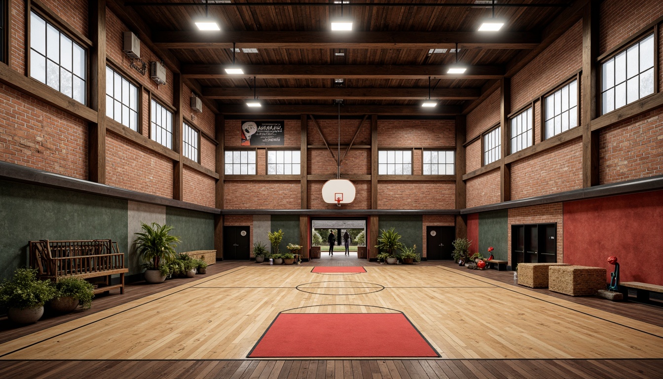 Prompt: Rustic gymnasium interior, distressed wood accents, exposed brick walls, industrial metal beams, reclaimed wooden floors, vintage athletic equipment, richly textured carpets, bold geometric patterns, vibrant color blocking, eclectic mix of materials, soft warm lighting, subtle shadows, shallow depth of field, 1/1 composition, realistic textures, ambient occlusion.