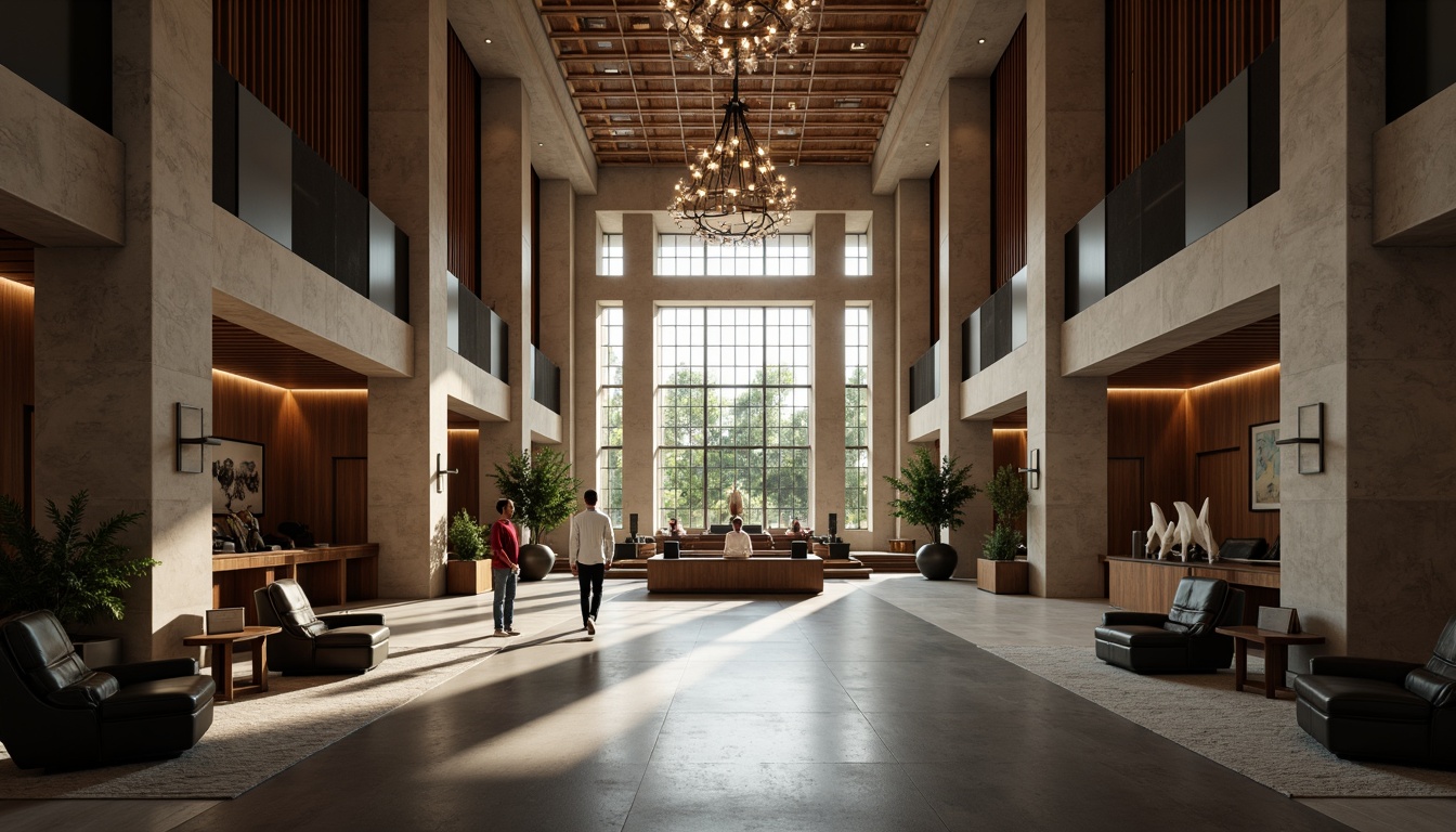 Prompt: Modern courthouse, grand atrium, high ceilings, sleek lines, minimalist decor, natural stone walls, dark wood accents, polished metal fixtures, sophisticated chandeliers, recessed lighting, soft warm glow, subtle color temperature, dramatic shadows, 1/1 composition, low-angle shot, cinematic atmosphere, realistic reflections, ambient occlusion.