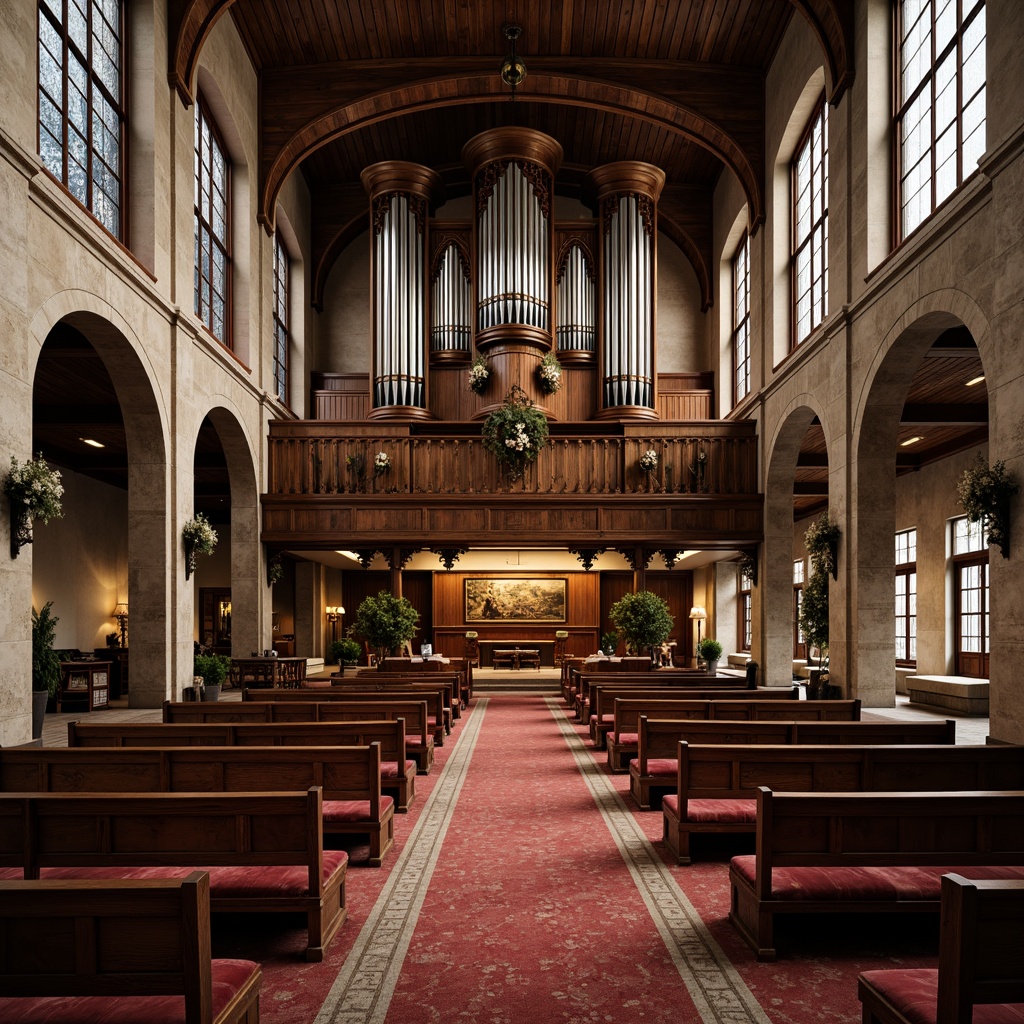 Prompt: Elegant worship space, vintage wooden pews, ornate stained glass windows, grand pipe organ, rustic stone walls, refined metal accents, plush velvet upholstery, carved wooden furnishings, soft warm lighting, shallow depth of field, 3/4 composition, panoramic view, realistic textures, ambient occlusion, traditional chapel layout, modern minimalist touches, sleek wooden benches, elegant aisle runners, dramatic vaulted ceilings, intricate wooden carvings, ornate metalwork details.