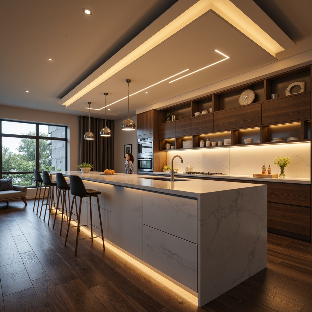 Prompt: Sleek kitchen island, modern pendant lights, polished chrome fixtures, soft warm glow, ambient lighting, LED strips, minimalist cabinets, quartz countertops, stainless steel appliances, large windows, natural daylight, warm beige walls, dark wood flooring, 3/4 composition, shallow depth of field, realistic textures, subtle shadows.Note