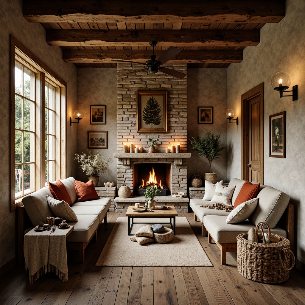 Prompt: Rustic luxury interior, reclaimed wood flooring, exposed wooden beams, stone walls, natural textures, earthy tones, warm candle lighting, comfortable seating areas, plush throw blankets, woven baskets, vintage furniture pieces, distressed metal accents, soft warm color palette, cozy atmosphere, intimate spaces, organic shapes, nature-inspired patterns, 1/2 composition, soft focus, warm lighting, realistic materials.