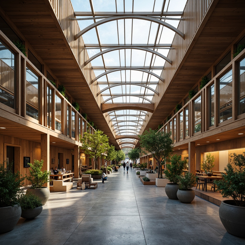 Prompt: Asian-style distribution center, minimal ornamentation, natural materials, reclaimed wood accents, earthy color palette, skylights, clerestory windows, transparent roofing, open floor plans, reflective flooring, LED lighting, soft warm glow, indirect illumination, ambient occlusion, subtle shadows, 1/1 composition, shallow depth of field, realistic textures, serene atmosphere, peaceful ambiance, lush greenery, potted plants, natural ventilation, cross breeze circulation, solar tubes, energy-efficient systems.