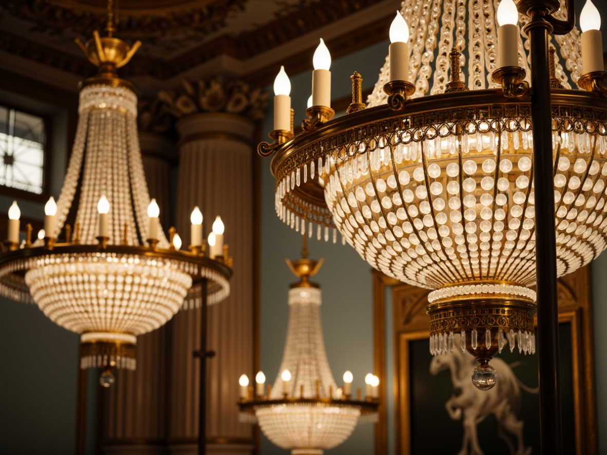 Prompt: Ornate chandeliers, crystal droplets, polished bronze fixtures, cream-colored shades, fluted glass diffusers, beaded fringe trim, opulent metalwork, intricate carvings, grandiose scale, refined proportions, soft warm glow, ambient lighting, 1/1 composition, symmetrical arrangement, elegant lines, subtle ornamentation, sophisticated atmosphere, luxurious materials, vintage aesthetic, high ceilings, expansive spaces, classical influences.