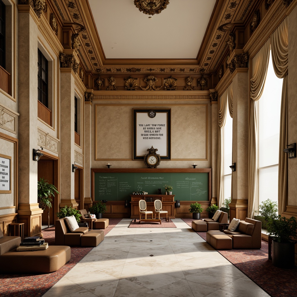 Prompt: Elegant middle school interior, neoclassical columns, ornate moldings, rich wood paneling, comfortable seating areas, traditional wooden desks, classic green chalkboards, motivational quotes, inspirational posters, soft warm lighting, subtle color palette, harmonious proportions, symmetrical compositions, ornate ceiling details, stately grandfather clocks, refined marble floors, sophisticated wall sconces, dramatic drapery, majestic entranceways, 1/1 composition, shallow depth of field, realistic textures.