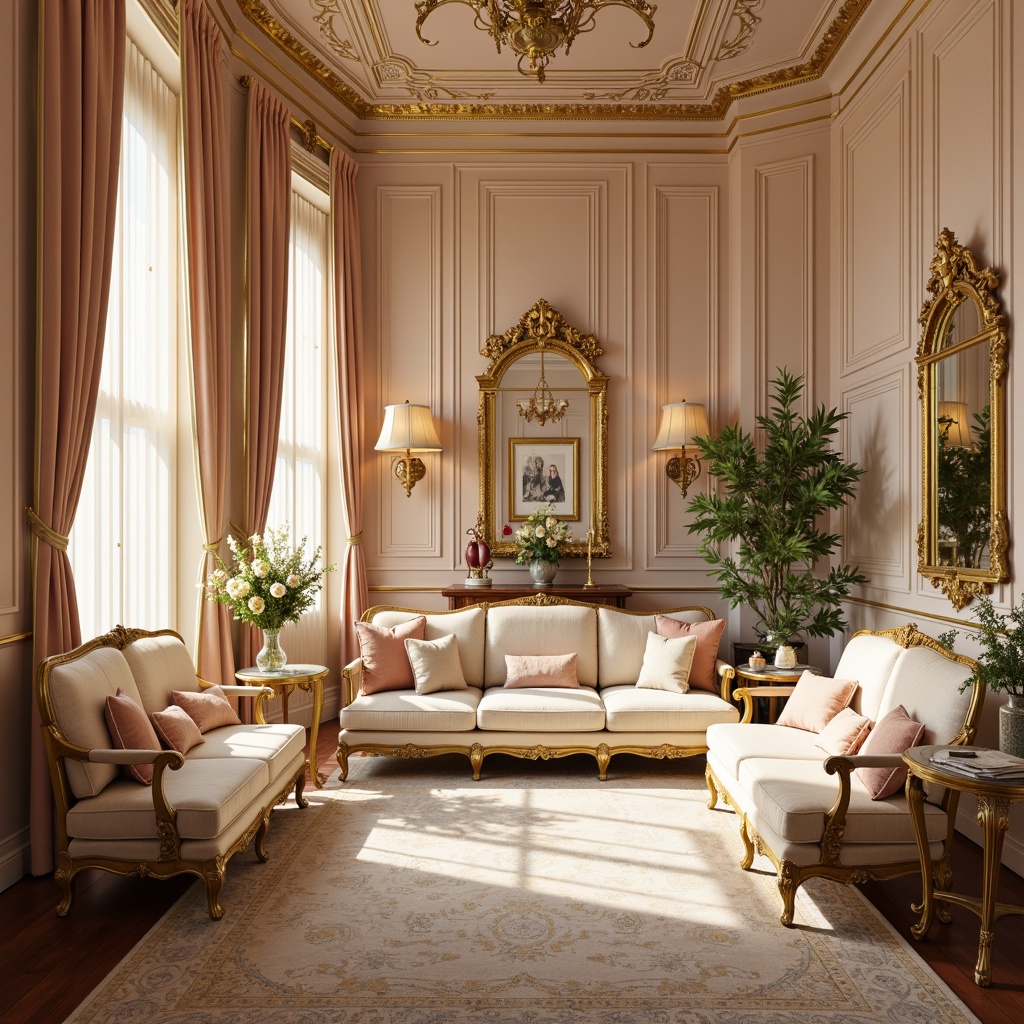 Prompt: Opulent Rococo interior, soft golden lighting, lavish furnishings, ornate mirrors, delicate florals, pastel colors, pale pink walls, cream accents, rich velvet fabrics, intricate carvings, gilded frames, Baroque patterns, subtle sheen, warm beige tones, gentle color transitions, 2.5D composition, atmospheric perspective, realistic textures, soft focus effect.