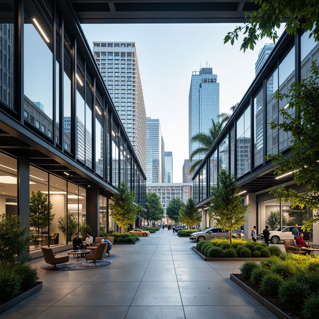 Prompt: Modern office building, transparent glass walls, sleek metal frames, minimalist interior design, natural light pouring in, urban cityscape view, bustling streets, steel beams, polished concrete floors, industrial chic decor, vibrant greenery, living walls, airy open spaces, collaborative workspaces, futuristic ambiance, subtle LED lighting, shallow depth of field, 2/3 composition, panoramic view, realistic reflections.