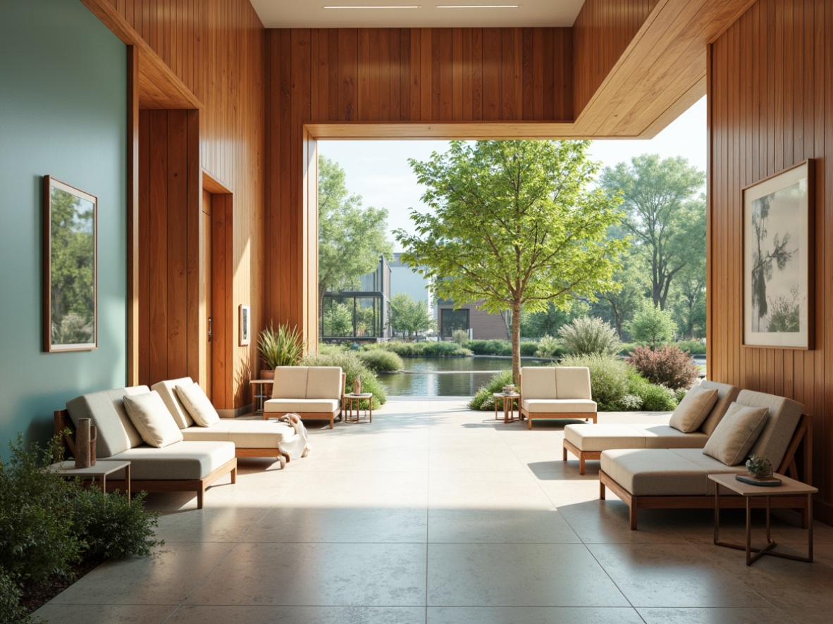 Prompt: Soothing healthcare facility, calming atmosphere, natural wood accents, soft blue-green hues, earthy terracotta tones, creamy whites, gentle beige shades, subtle texture contrasts, organic patterns, minimalist decor, abundant natural light, warm diffused lighting, shallow depth of field, 1/1 composition, serene ambiance, peaceful surroundings, lush greenery views, calming water features, gentle soundscapes.