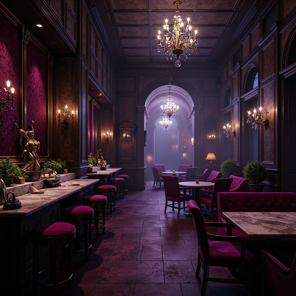 Prompt: Dark mysterious ambiance, gothic architecture, ornate furnishings, rich velvet fabrics, luxurious marble countertops, dramatic chandeliers, eerie candlelight, mystical foggy atmosphere, dark wood cabinetry, mysterious purple hues, deep red wine tones, ominous black accents, metallic gold fixtures, ornate mirrors, lavish crystal chandeliers, spooky ambiance, hauntingly beautiful, dimly lit, romantic gloom.