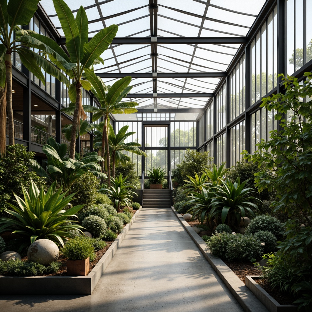 Prompt: Sleek greenhouse structure, minimalist design, transparent glass walls, metal framing, industrial chic, lush greenery, tropical plants, natural textures, rough wooden accents, smooth concrete floors, matte black details, warm ambient lighting, soft diffused shadows, 1/1 composition, shallow depth of field, realistic plant simulations, atmospheric misting effects.