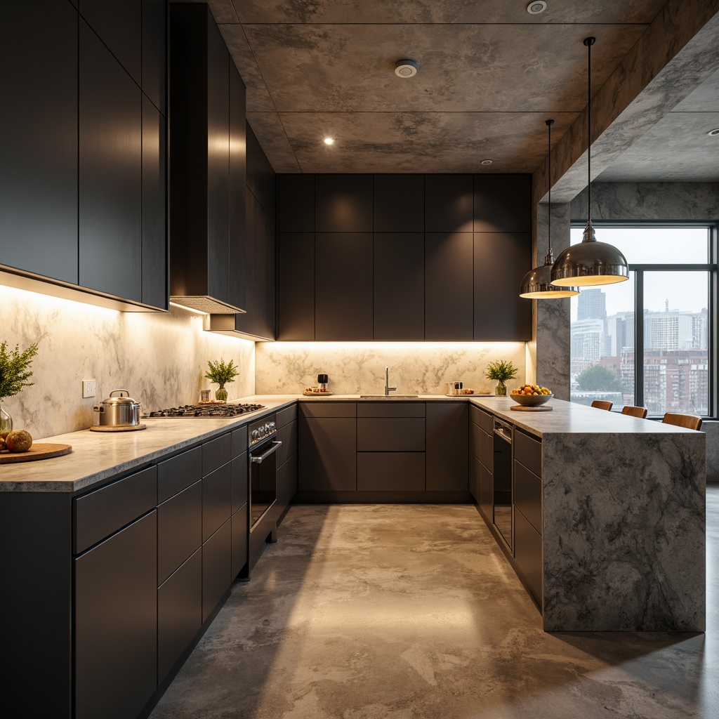 Prompt: Modern kitchen, sleek countertops, minimalist cabinetry, stainless steel appliances, LED strip lighting, soft warm glow, recessed lighting, pendant lamps, chrome fixtures, marble backsplash, polished concrete floors, urban loft ambiance, natural daylight, 1/1 composition, shallow depth of field, subtle color grading.