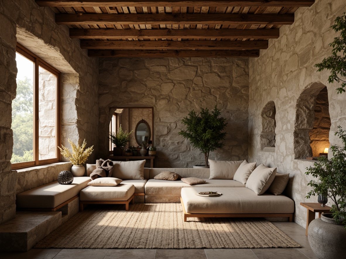 Prompt: Rustic stone walls, weathered rock formations, earthy color palette, organic fabric textures, woven patterns, natural fibers, linen upholstery, velvety softness, rough-hewn stones, moss-covered surfaces, aged wooden accents, distressed finishes, warm ambient lighting, shallow depth of field, 2/3 composition, cinematic framing, realistic normal maps, subtle specular highlights.