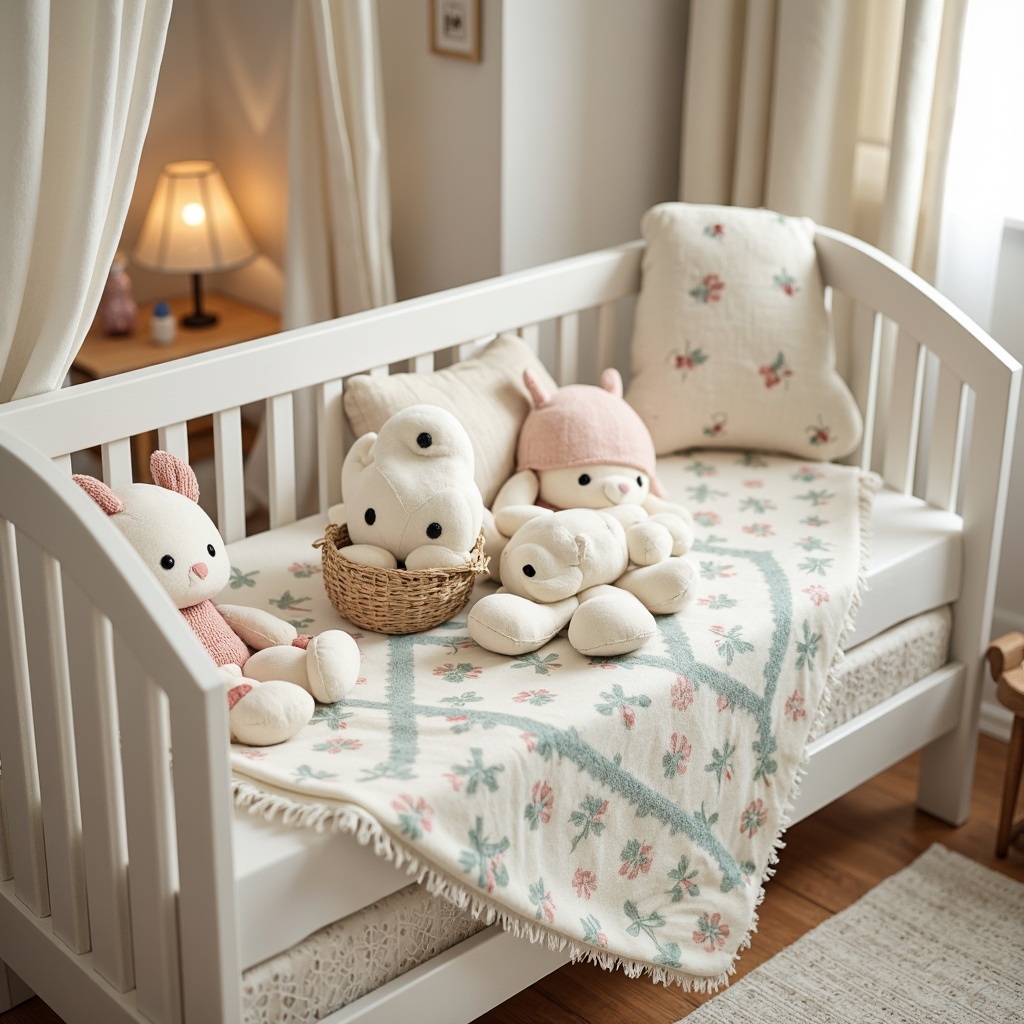 Prompt: Soft baby blankets, plush toys, gentle pastel colors, calming nursery atmosphere, cozy cribs, natural fibers, breathable fabrics, soothing color palette, warm beige tones, creamy whites, pale blues, gentle greens, subtle patterns, tiny florals, soft velvets, smooth cottons, delicate lace trims, serene ambiance, gentle lighting, warm glowing lamps, peaceful nursery decor.