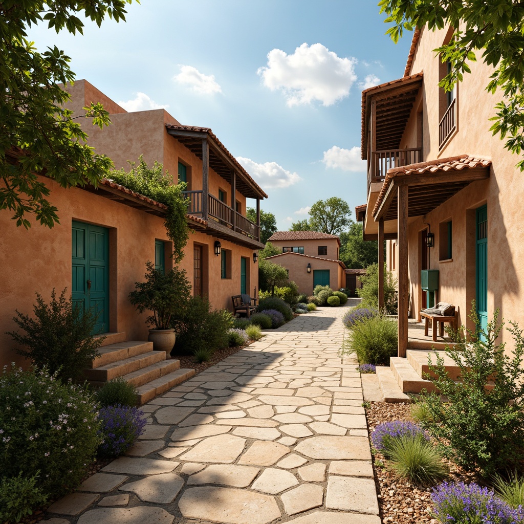 Prompt: Rustic village scene, traditional folk architecture, earthy color palette, warm beige tones, rich terracotta hues, vibrant turquoise accents, ornate wooden carvings, intricate stone masonry, lush greenery, blooming wildflowers, sunny afternoon, soft diffused lighting, shallow depth of field, 1/1 composition, realistic textures, ambient occlusion.