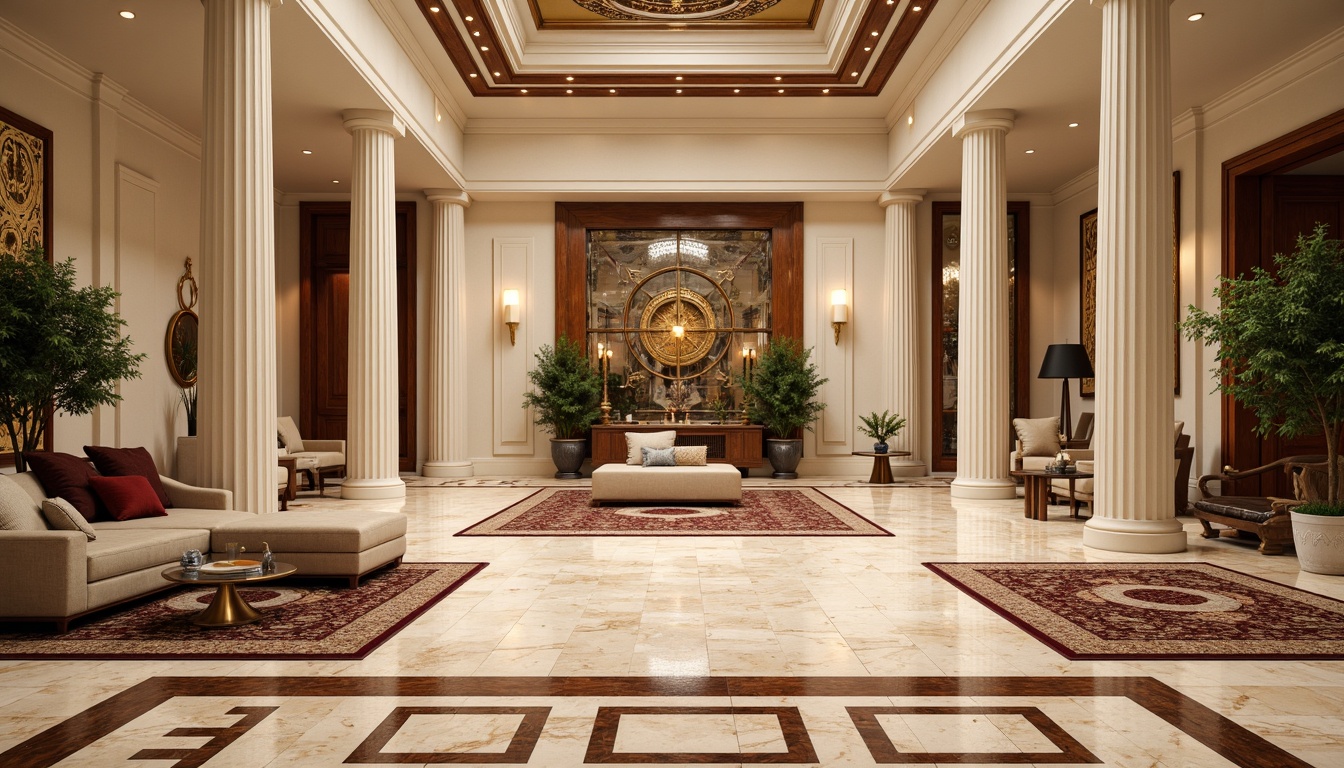 Prompt: Polished marble flooring, intricate parquet patterns, luxurious velvet rugs, ornate wooden borders, high-gloss finishes, cream-colored limestone, soft warm lighting, classical column details, ornamental moldings, gilded accents, richly textured fabrics, lavish furnishings, symmetrical compositions, harmonious color palette, elegant atmosphere, refined sophistication.