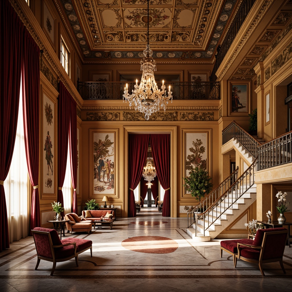 Prompt: Luxurious interior, ornate moldings, intricate carvings, lavish furnishings, regal color palette, rich textures, velvet drapes, marble floors, crystal chandeliers, opulent decor, Baroque-inspired design, grand staircase, sweeping archways, dramatic ceiling heights, warm golden lighting, soft focus, 1/1 composition, shallow depth of field, realistic reflections.