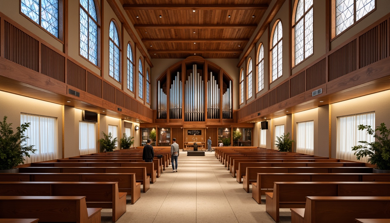 Prompt: Elegant chapel interior, warm wooden pews, ornate stained glass windows, grand pipe organ, refined Mid-Century Modern furniture, sleek minimalist benches, rustic wooden accents, soft ambient lighting, subtle color palette, serene atmosphere, symmetrical composition, shallow depth of field, 1/1 aspect ratio, realistic textures, ambient occlusion.