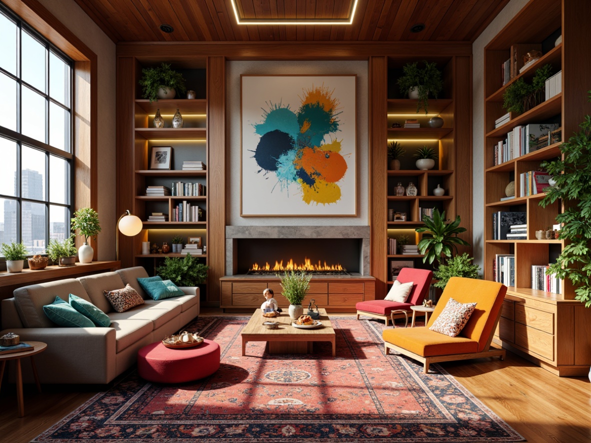 Prompt: Vibrant eclectic living room, rich wood accents, bold colorful textiles, abstract artwork, vintage furniture pieces, statement lighting fixtures, plush area rugs, floor-to-ceiling bookshelves, cozy reading nooks, large windows, natural light pouring in, urban cityscape views, warm golden lighting, shallow depth of field, 1/1 composition, realistic textures, ambient occlusion.