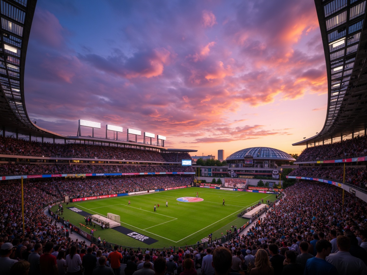 Prompt: Vibrant sports stadium, energetic crowd, bright floodlights, warm sunset glow, dynamic shadows, high-contrast lighting, bold color scheme, sleek modern architecture, angular lines, minimalist design, polished metal surfaces, reflective glass facades, lively urban atmosphere, bustling streets, rush hour traffic, fast-paced activity, cinematic camera angles, shallow depth of field, 2/3 composition, realistic textures, ambient occlusion.