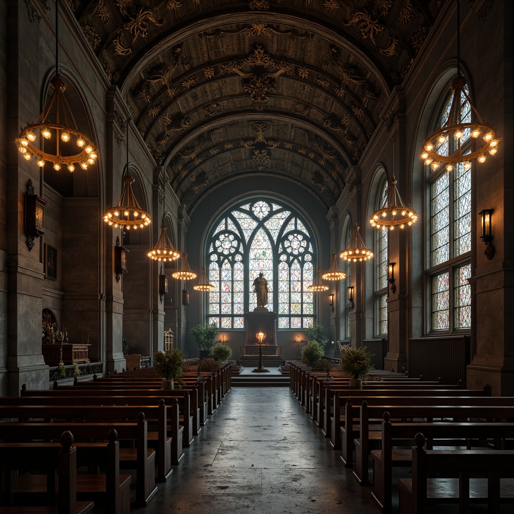 Prompt: Intricate stone carvings, grand cathedral ceilings, ornate metalwork, mystical stained glass windows, majestic chandeliers, regal velvet drapes, mysterious lanterns, ancient wooden pews, sacred relics, eerie candlelight, dramatic shadows, 1/1 composition, low-key lighting, atmospheric fog, high-contrast textures, subtle ambient occlusion.