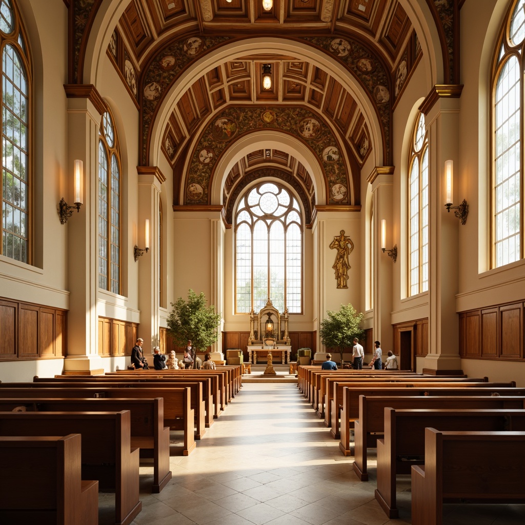 Prompt: Elegant church interior, warm beige walls, rich wood accents, soft cream pews, ornate stained glass windows, majestic vaulted ceiling, subtle earthy tones, calming natural light, gentle shadows, serene atmosphere, warm golden lighting, traditional Christian symbols, intricate stone carvings, polished metal fixtures, subtle texture variations, classic architectural details, harmonious color balance, 1/1 composition, soft focus blur, realistic material reflections.