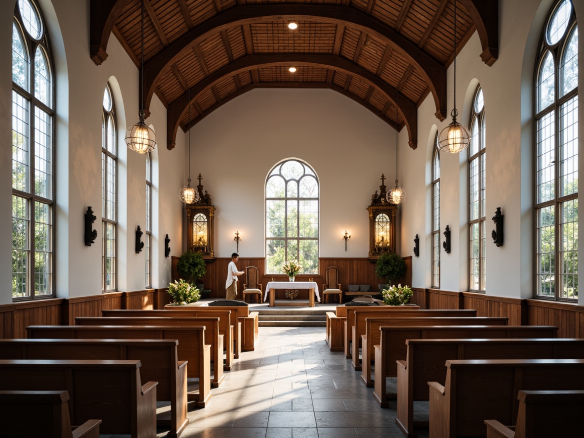 Prompt: Elegant worship hall, stained glass windows, wooden pews, ornate altarpieces, vaulted ceilings, grand chandeliers, refined furnishings, minimalist decor, sleek metal accents, neutral color palette, subtle texture contrasts, natural stone flooring, warm ambient lighting, 1/2 composition, soft focus effect, realistic renderings, atmospheric perspective.