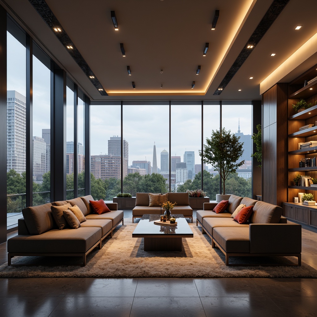 Prompt: Sleek modern interior, streamline furniture, polished chrome accents, ambient indirect lighting, soft warm glow, LED strips under shelves, minimalist decor, luxurious textiles, velvet sofas, marble coffee tables, floor-to-ceiling windows, cityscape views, natural daylight, subtle shading, 1/1 composition, low-key lighting, realistic reflections, detailed normal maps.