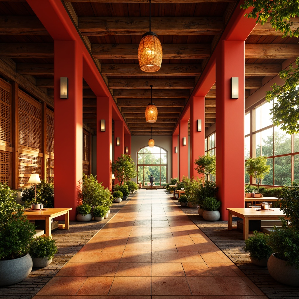 Prompt: Vibrant Asian-inspired distribution centers, warm golden lighting, rich wood accents, bold red columns, intricately carved wooden screens, natural stone flooring, earthy terracotta tones, lush greenery, exotic plants, subtle lantern-inspired fixtures, ornate metalwork details, cultural patterned textiles, soft misty atmospheric effects, 1/1 composition, realistic material rendering, ambient occlusion.