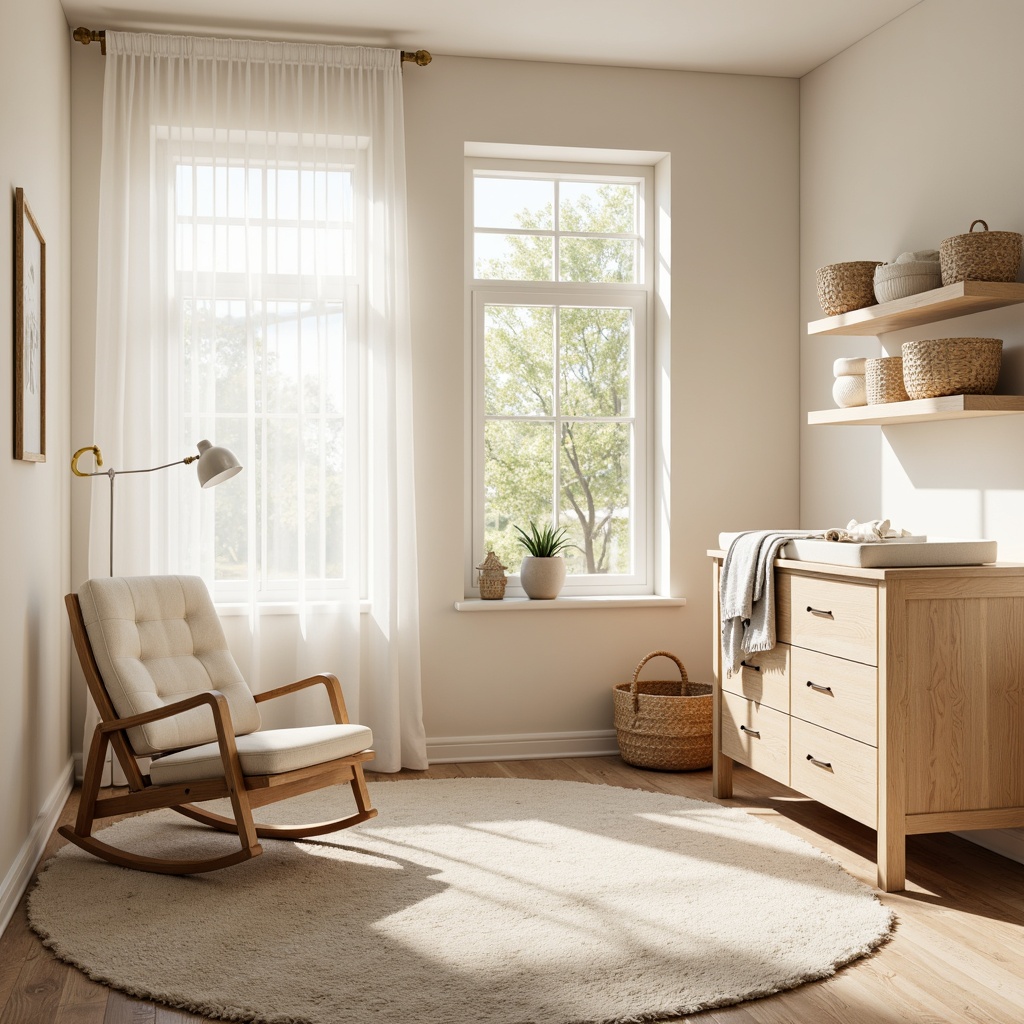 Prompt: Modern baby room, soft pastel colors, gentle curves, plush area rug, comfortable glider rocker, natural wood crib, minimalist dresser, changing station, toys storage baskets, floating shelves, creamy white walls, large windows, sheer curtains, warm sunny day, softbox lighting, shallow depth of field, 3/4 composition, realistic textures, ambient occlusion.