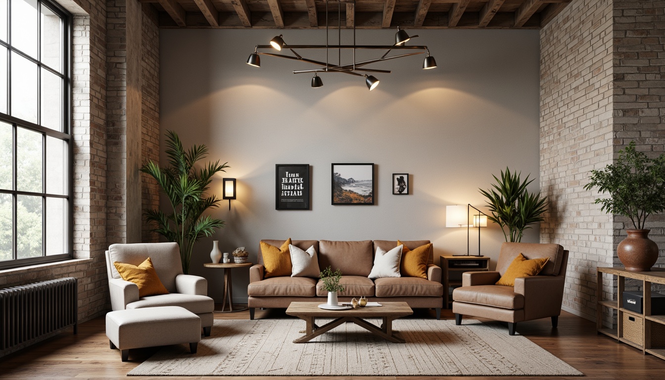 Prompt: Neutral-toned walls, textured finishes, eclectic decorative elements, vintage furniture pieces, modern metallic accents, soft warm lighting, subtle color contrasts, natural fiber rugs, reclaimed wood flooring, industrial-chic decor, exposed brick or concrete, urban loft atmosphere, 1/2 composition, shallow depth of field, soft focus effect.