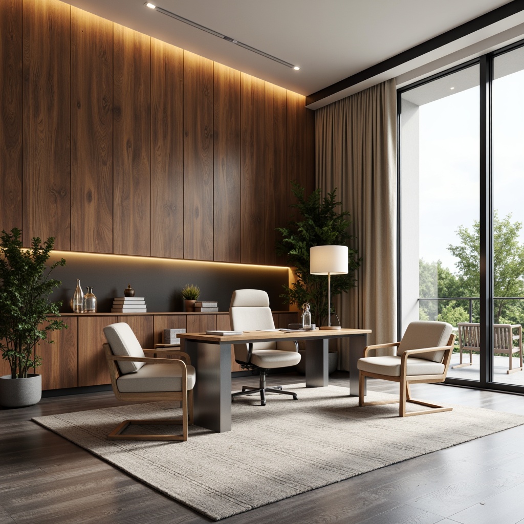 Prompt: Sophisticated home office, wooden wall panels, rich walnut tones, textured linen fabrics, creamy white paint, subtle sheen finishes, modern minimalist decor, sleek metal frames, floor-to-ceiling windows, natural daylight, soft warm glow lighting, 1/1 composition, realistic wood textures, ambient occlusion.