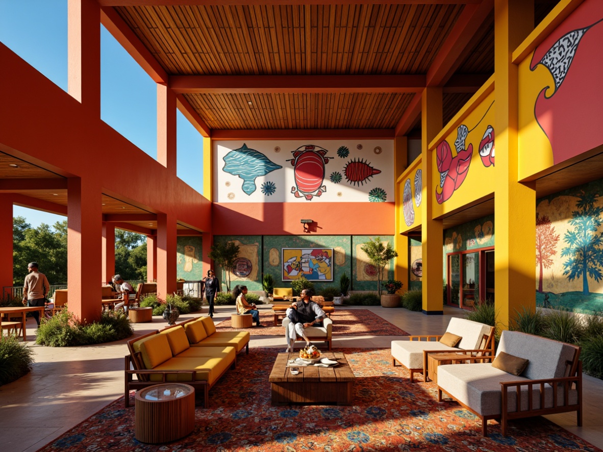 Prompt: Vibrant cultural center, expressionist architecture, bold color accents, abstract murals, dynamic shapes, irregular forms, eclectic furnishings, rich textiles, ethnic patterns, African-inspired motifs, warm golden lighting, dramatic shadows, 3/4 composition, low-angle shot, shallow depth of field, cinematic atmosphere, artistic freedom.