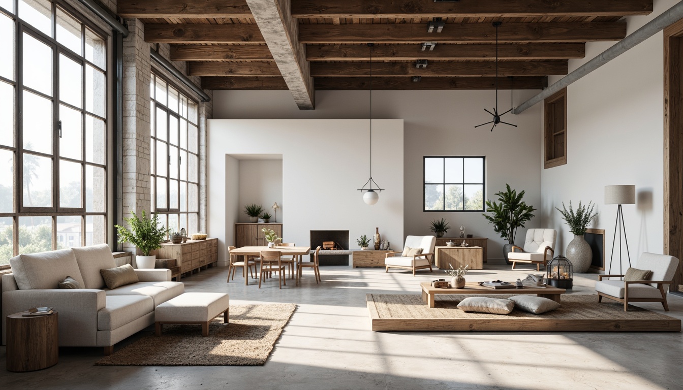 Prompt: Monochromatic warehouse interior, Scandinavian minimalism, reclaimed wood accents, industrial metal beams, concrete floors, sparse furniture arrangement, natural light pouring in, large windows, white walls, Nordic-inspired decor, simple lines, functional design, cozy textiles, warm beige tones, ambient soft lighting, shallow depth of field, 1/1 composition, realistic textures, subtle reflections.