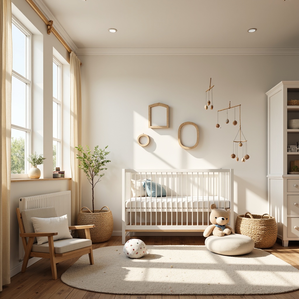 Prompt: Whimsical nursery, soft pastel hues, plush area rug, delicate mobiles, white crib, gentle curve lines, rounded furniture edges, natural wood accents, woven basket storage, sheer curtains, warm beige walls, minimalist decorative frames, soft box pleat drapes, subtle texture contrasts, cozy reading nook, oversized stuffed animals, playful polka dots, creamy whites, pale blues, warm golden lighting, shallow depth of field, 1/2 composition, realistic fabrics, ambient occlusion.