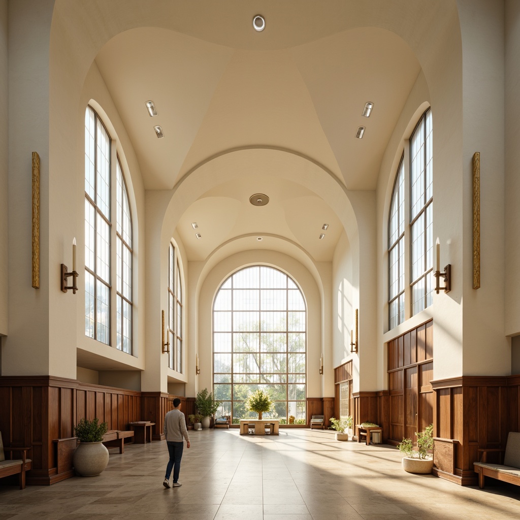 Prompt: Sleek modern church, minimalist stained glass windows, soft cream walls, rich walnut wood accents, polished marble floors, subtle gold ornaments, serene natural light, calming atmosphere, gentle curves, harmonious proportions, neutral beige tones, accents of deep blues, warm golden lighting, shallow depth of field, 1/1 composition, realistic textures, ambient occlusion.