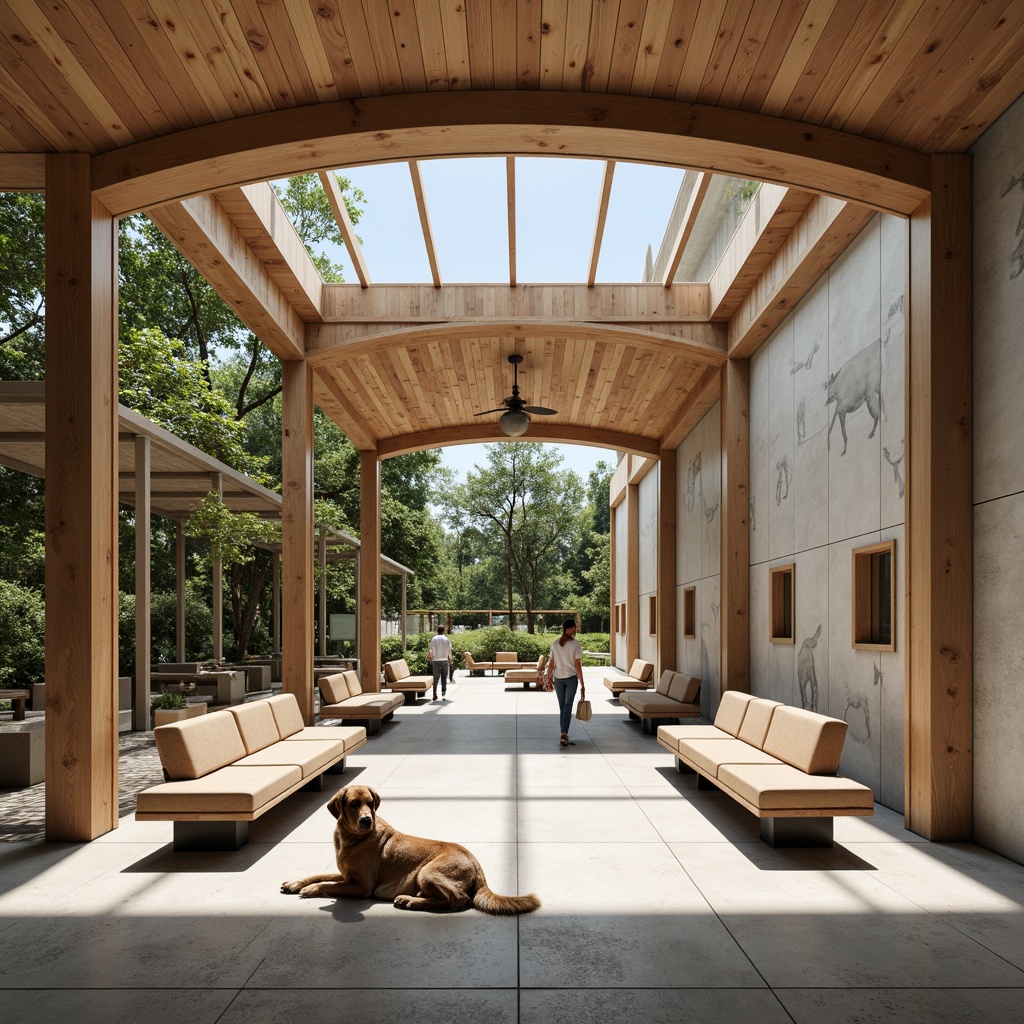 Prompt: Minimalist zoo visitor center, natural wood accents, sleek metal frames, simple curves, monochromatic color scheme, rustic wooden benches, industrial-style lighting fixtures, reclaimed wood textures, subtle animal patterns, educational signage, open spaces, abundant natural light, shallow depth of field, 1/1 composition, panoramic view, realistic materials, ambient occlusion.