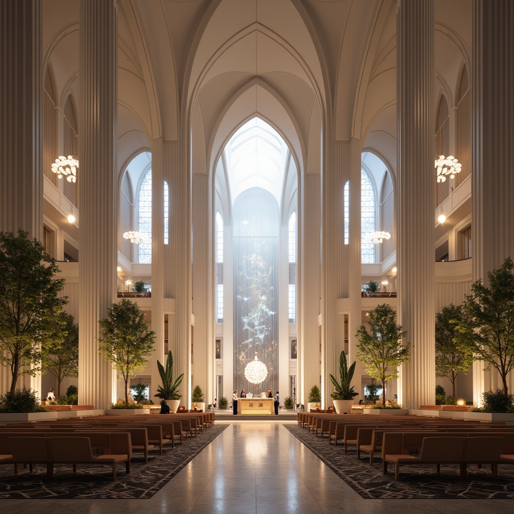 Prompt: Ethereal cathedral, sleek curved lines, minimalist ornamentation, polished marble floors, towering vaulted ceilings, stained glass windows, subtle ambient lighting, soft misty atmosphere, gentle warm color palette, serene sacred spaces, intimate alcoves, modernist chandeliers, geometric patterned rugs, luxurious velvet drapes, ornate golden accents, subtle symbolism, futuristic digital displays, holographic projections, immersive worship experiences, 1/1 composition, shallow depth of field, soft focus, atmospheric lens flares.