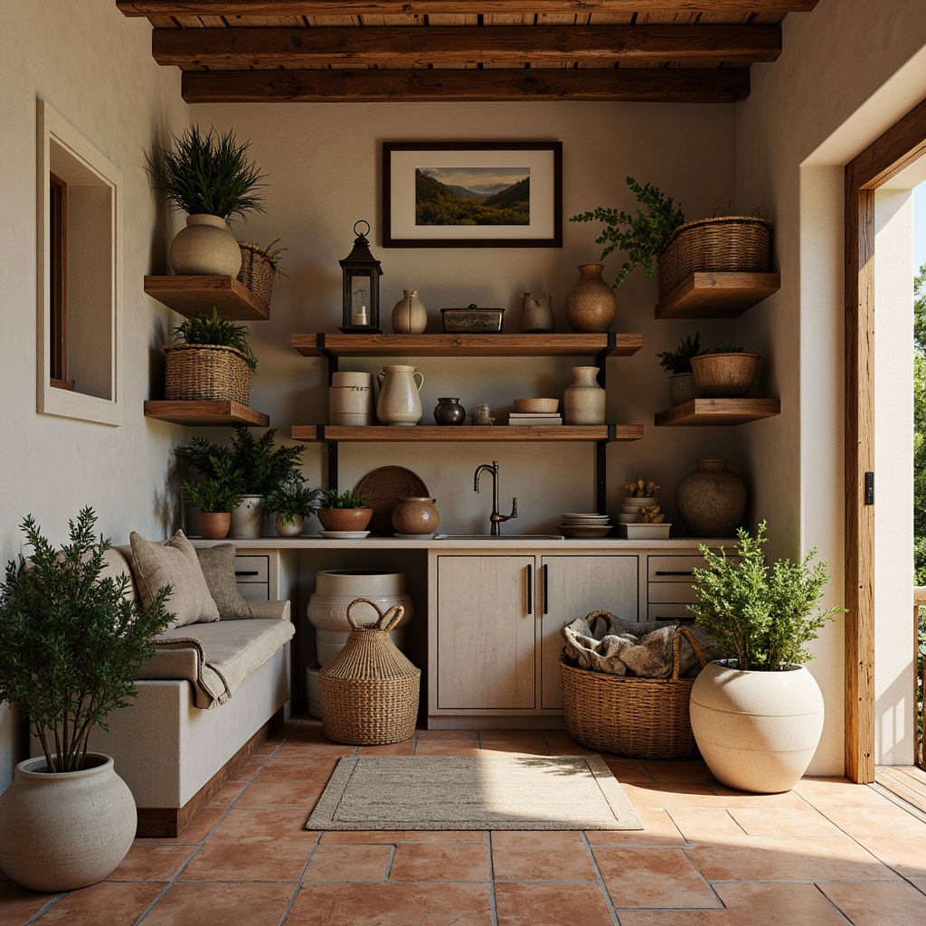 Prompt: Rustic storage room, distressed wood accents, vintage metal fixtures, soft beige walls, creamy white trim, warm terracotta flooring, earthy tone ceramics, woven wicker baskets, ornate metal lanterns, lush greenery, natural stone shelves, wooden crates, linen fabrics, muted color palette, soft warm lighting, shallow depth of field, 1/1 composition, realistic textures.