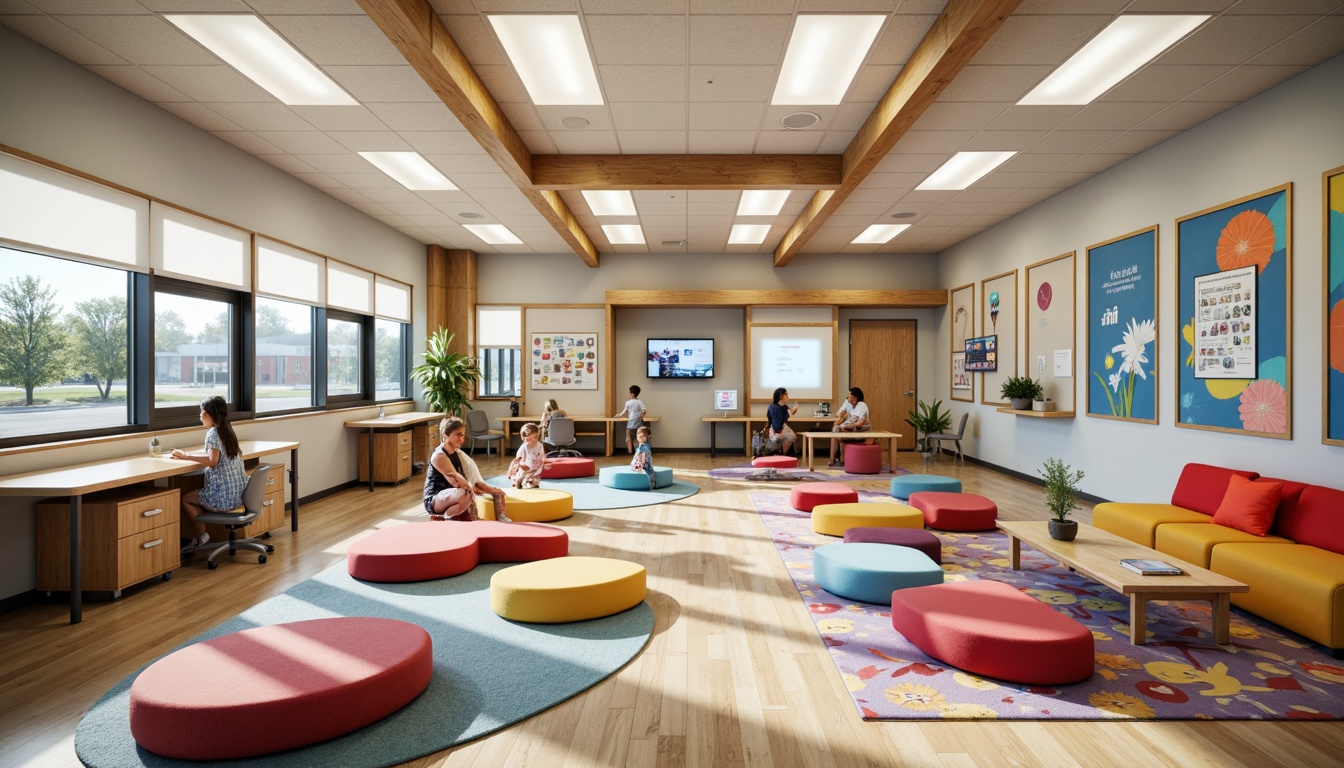 Prompt: Vibrant elementary school interior, colorful chairs, wooden desks, ergonomic tables, soft cushioned sofas, playful bean bags, educational posters, interactive whiteboards, collaborative workstations, movable partitions, flexible seating arrangements, natural wood accents, bright overhead lighting, cozy reading nooks, circular gathering spaces, durable flooring materials, easy-to-clean surfaces, modular shelving units, decorative rug patterns, cheerful wall art, inclusive accessible design, 1/1 composition, softbox lighting, realistic textures.