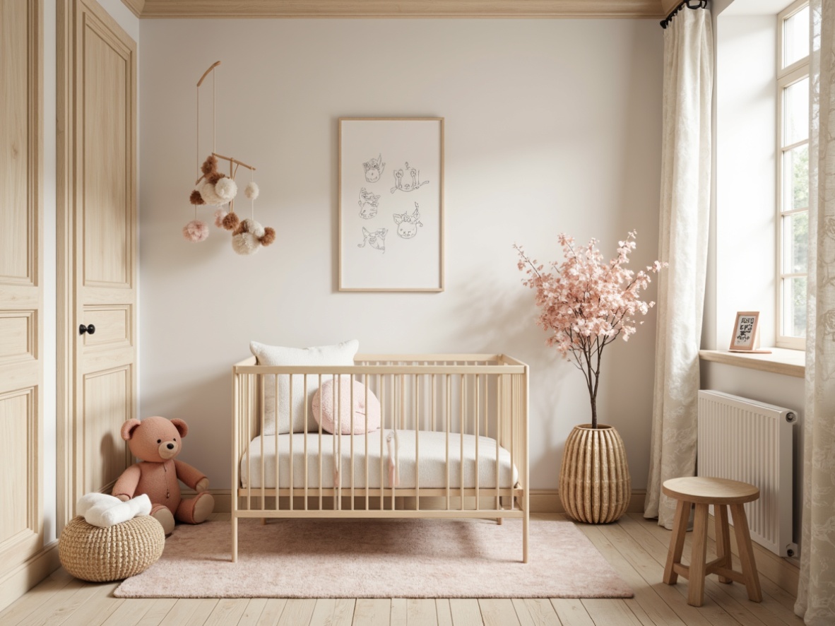 Prompt: Soft pastel colors, gentle nursery rhymes, plush area rug, modern crib with sleek metal frame, cream-colored walls, subtle wood accents, elegant mobiles, delicate lace curtains, warm softbox lighting, shallow depth of field, 1/2 composition, intimate atmosphere, realistic textures, ambient occlusion, minimal ornamentation, calming ambiance, serene atmosphere.