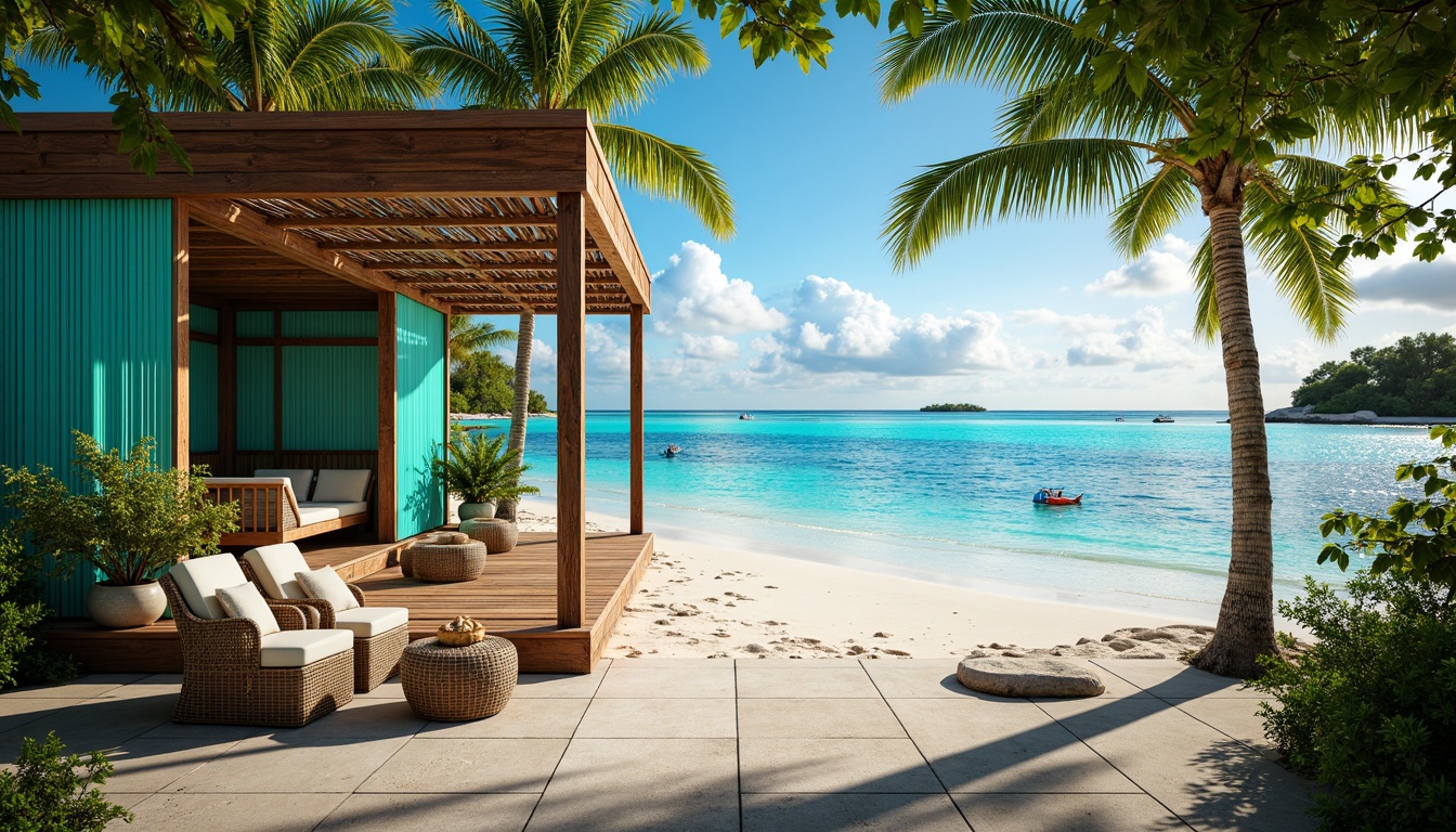 Prompt: Vibrant island hut, turquoise accents, lush palm trees, exotic floral arrangements, warm sandy beach, crystal-clear turquoise water, sunny tropical day, bright coral reefs, colorful fish swimming, rustic wooden decks, natural fiber textiles, woven rattan furniture, refreshing ocean breeze, soft warm lighting, shallow depth of field, 3/4 composition, panoramic view, realistic textures, ambient occlusion.