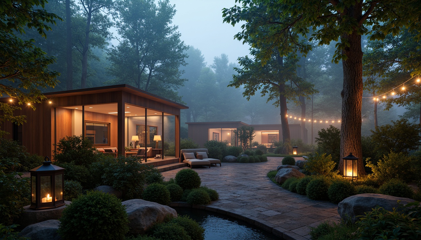 Prompt: Ethereal forest, misty atmosphere, soft warm lighting, dappled shadows, twinkling string lights, lantern-style lamps, wooden accents, natural stone walls, moss-covered paths, serene water features, gentle breeze, warm color palette, ambient occlusion, shallow depth of field, 1/1 composition, panoramic view, realistic textures.