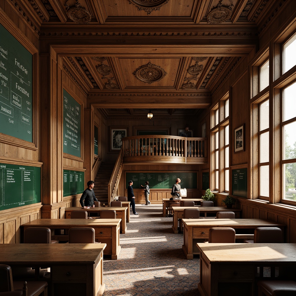 Prompt: Rustic wooden desks, green chalkboards, vintage metal lockers, ornate ceiling moldings, grand wooden staircases, classic columnar architecture, earthy tone color scheme, rich brown wood paneling, comfortable plush seating, intricate geometric patterns, soft warm lighting, 1/1 composition, shallow depth of field, realistic textures, ambient occlusion.