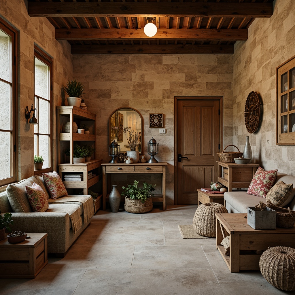 Prompt: Rustic storage room, distressed wooden crates, vintage metal lanterns, soft warm lighting, stone walls, earthy tone colors, natural textiles, woven baskets, ornate mirrors, antique furniture pieces, floral patterns, soft pastel hues, subtle wood grain textures, shallow depth of field, 1/1 composition, cozy atmosphere, warm beige tones.